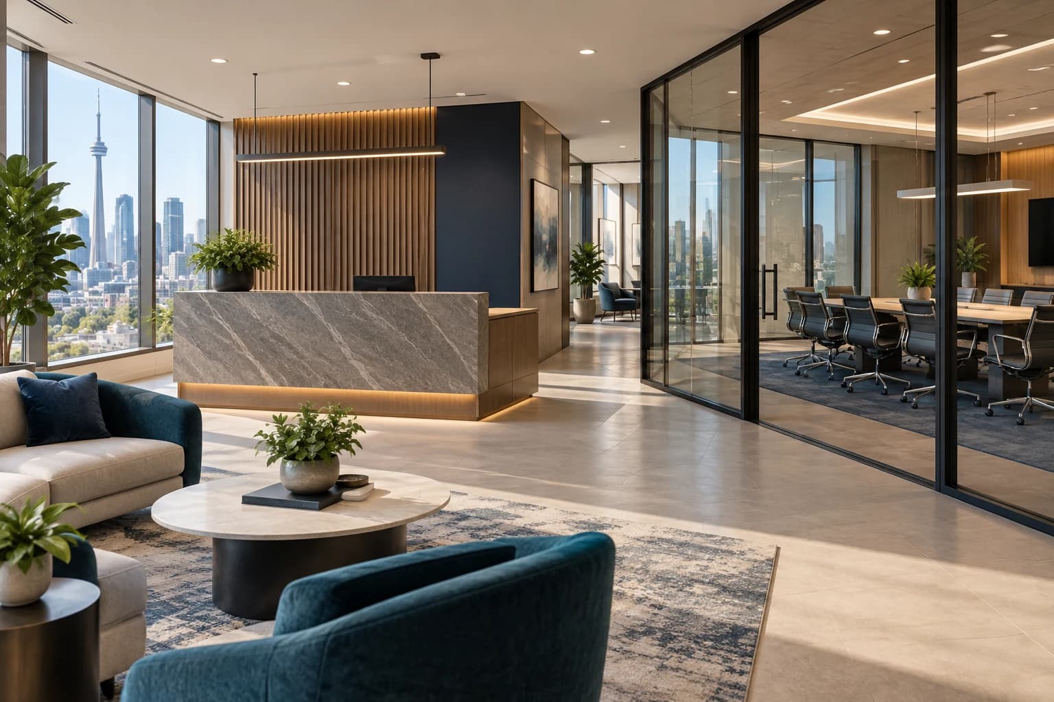 Illustrative professional workplace reception with warm stone, navy seating and glazed meeting rooms.