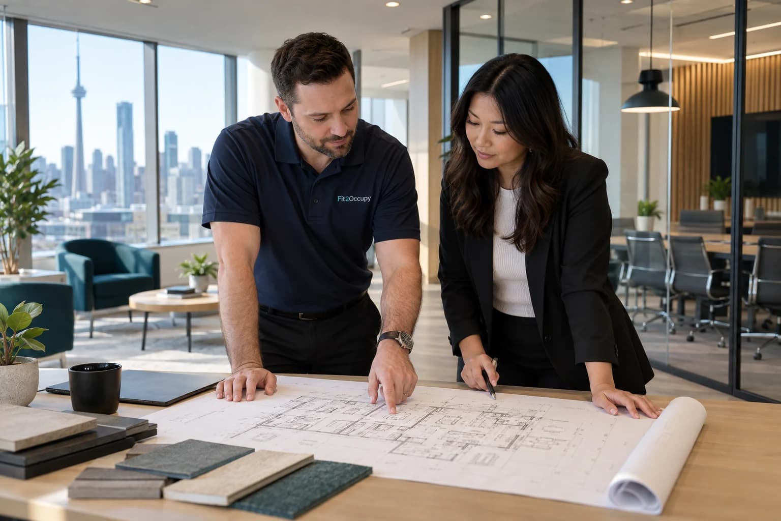 Illustrative workplace specialists in navy Fit2Occupy clothing reviewing a floorplan.