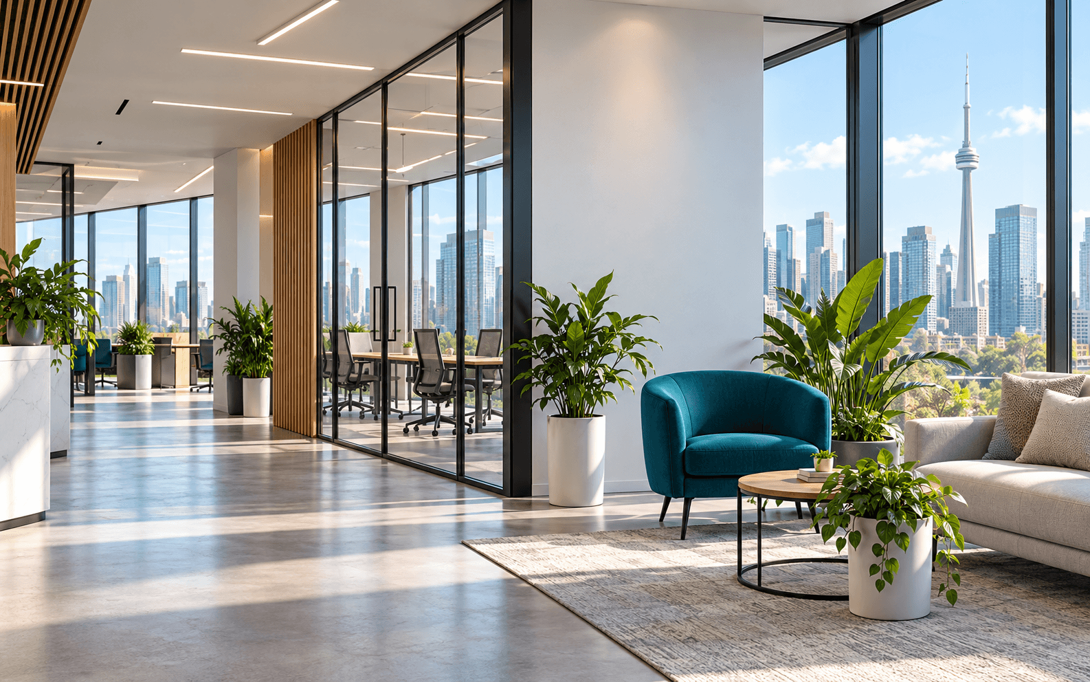 Generated illustrative Toronto office with glass meeting rooms, lounge seating and skyline